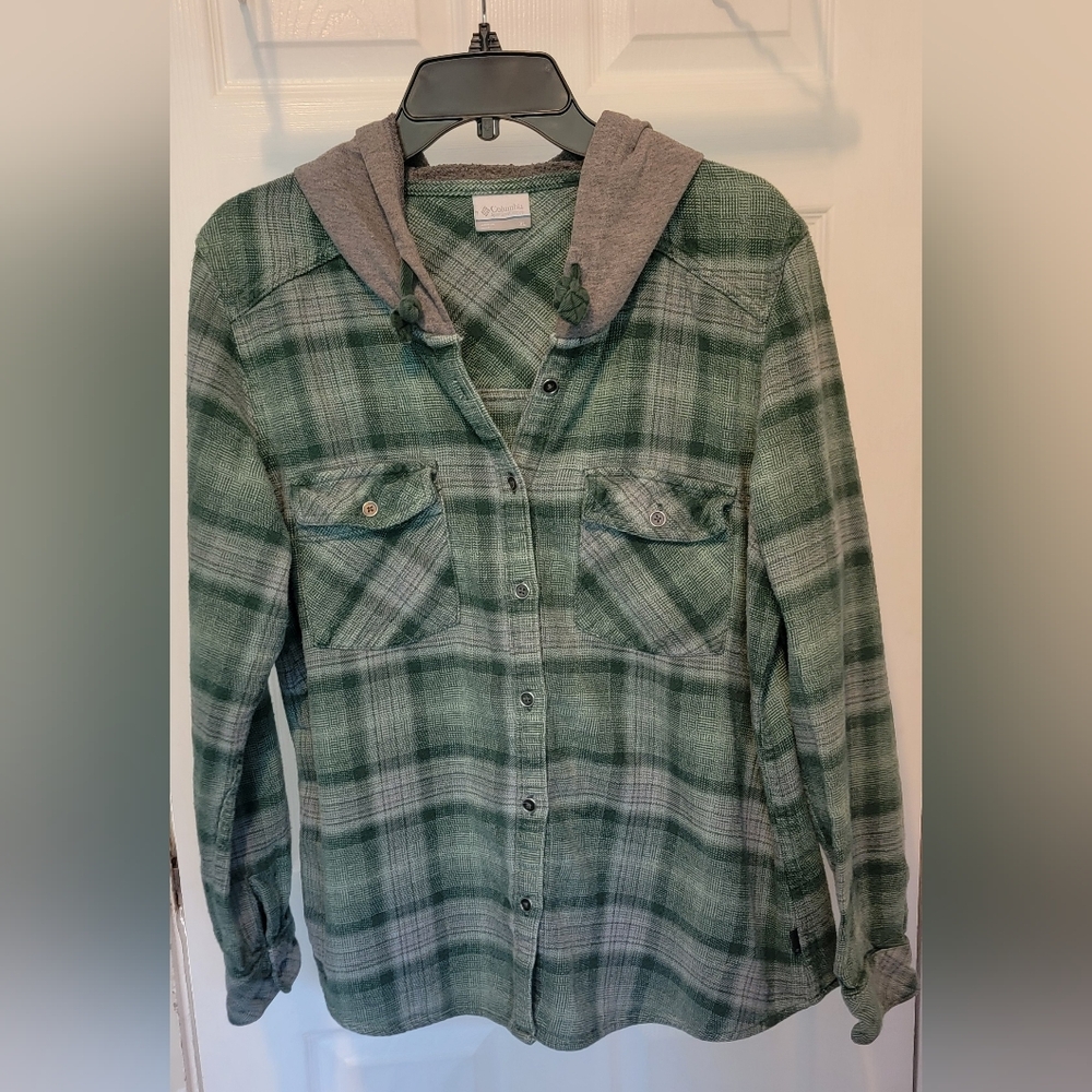 Columbia Green Plaid Hooded Shirt